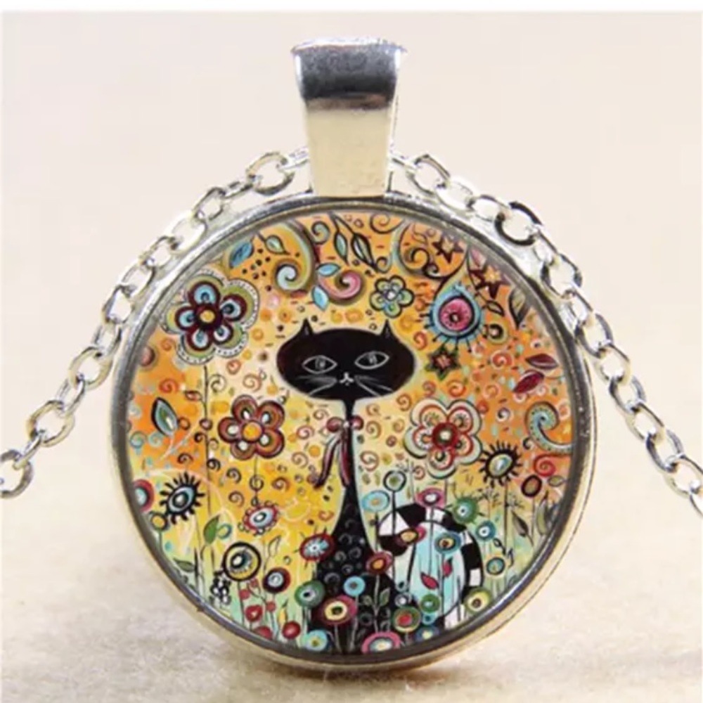 Cat silver glass necklace
